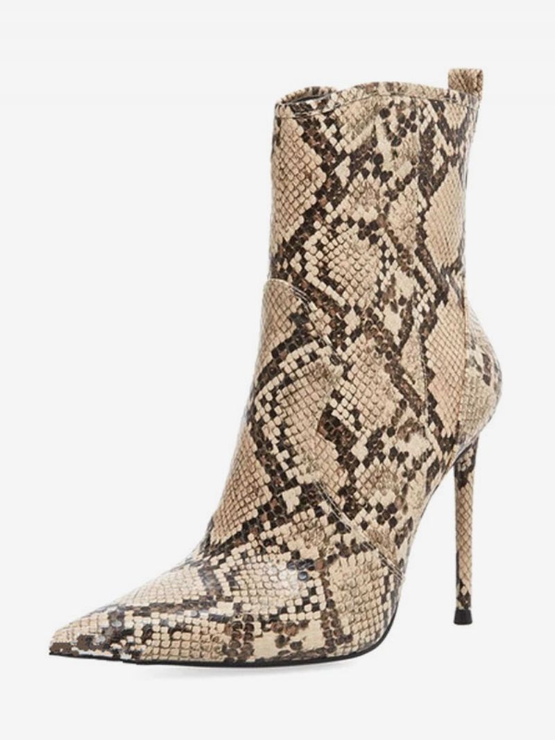 Kvinnor Ankelboots Läder Python Print Spetsad Tå Stiletto Heel Högklackat Stövlar