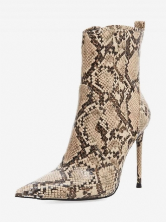 Kvinnor Ankelboots Läder Python Print Spetsad Tå Stiletto Heel Högklackat Stövlar