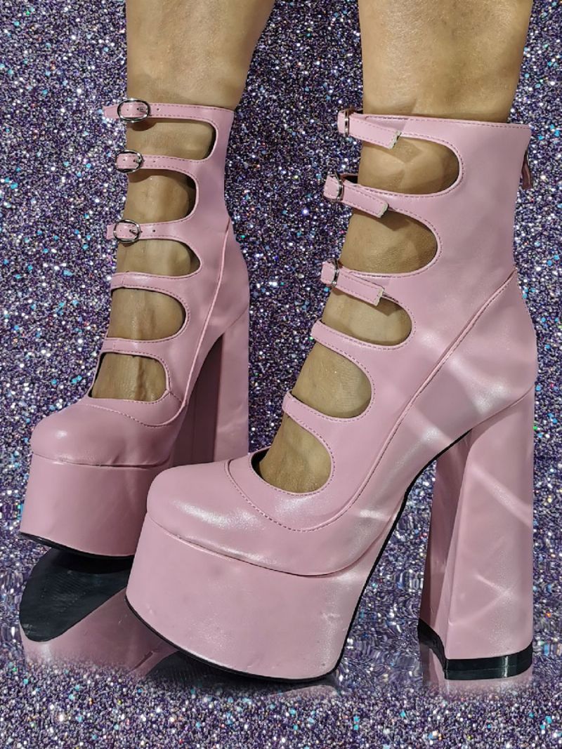 Kvinnor Ankelboots Röd Chunky Heel Platform Cut Out Spänne Detail Sandal Booties - Rosa