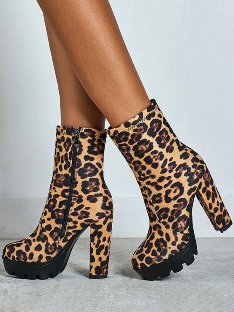 Kvinnor Ankelboots Svart Micro Mocka Rund Toe Chunky Heel Högklackat Booties - Leopard