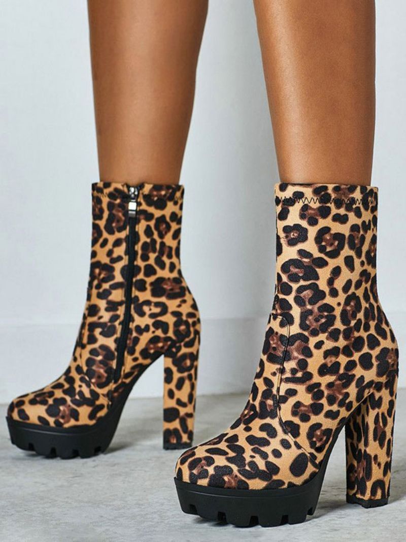 Kvinnor Ankelboots Svart Micro Mocka Rund Toe Chunky Heel Högklackat Booties - Leopard