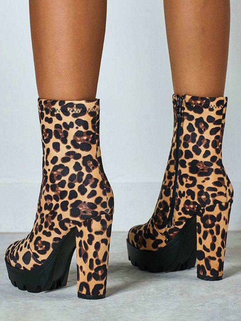 Kvinnor Ankelboots Svart Micro Mocka Rund Toe Chunky Heel Högklackat Booties - Leopard