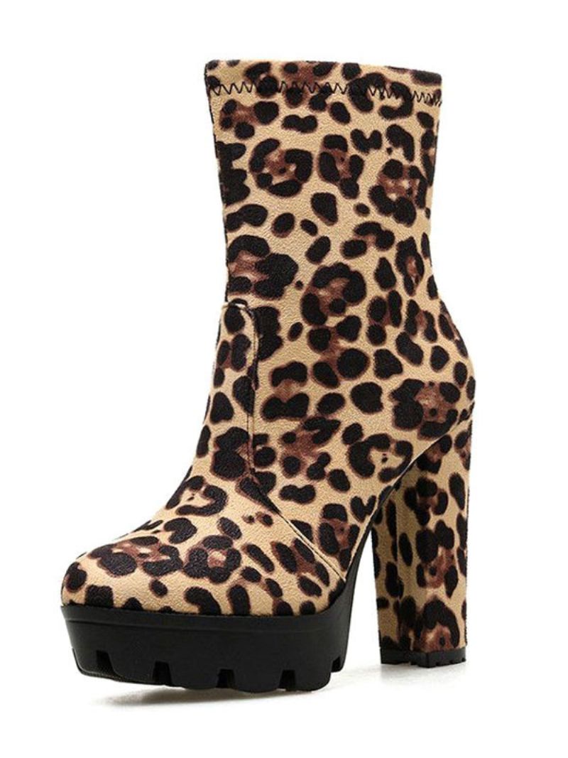 Kvinnor Ankelboots Svart Micro Mocka Rund Toe Chunky Heel Högklackat Booties - Leopard