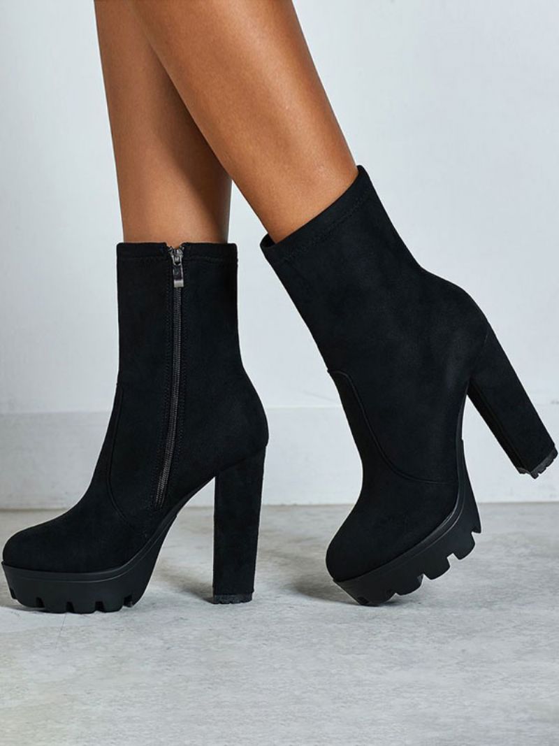 Kvinnor Ankelboots Svart Micro Mocka Rund Toe Chunky Heel Högklackat Booties - Svart