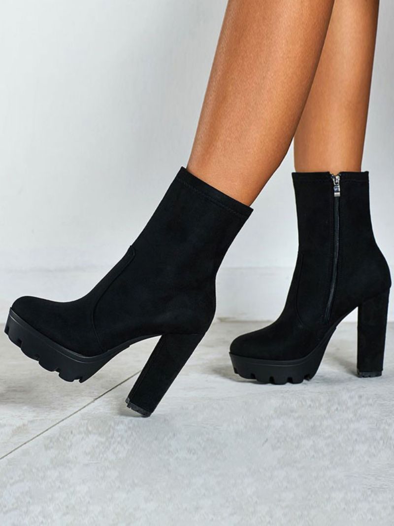 Kvinnor Ankelboots Svart Micro Mocka Rund Toe Chunky Heel Högklackat Booties - Svart