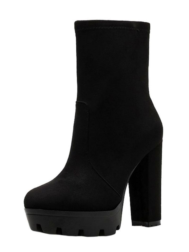 Kvinnor Ankelboots Svart Micro Mocka Rund Toe Chunky Heel Högklackat Booties - Svart