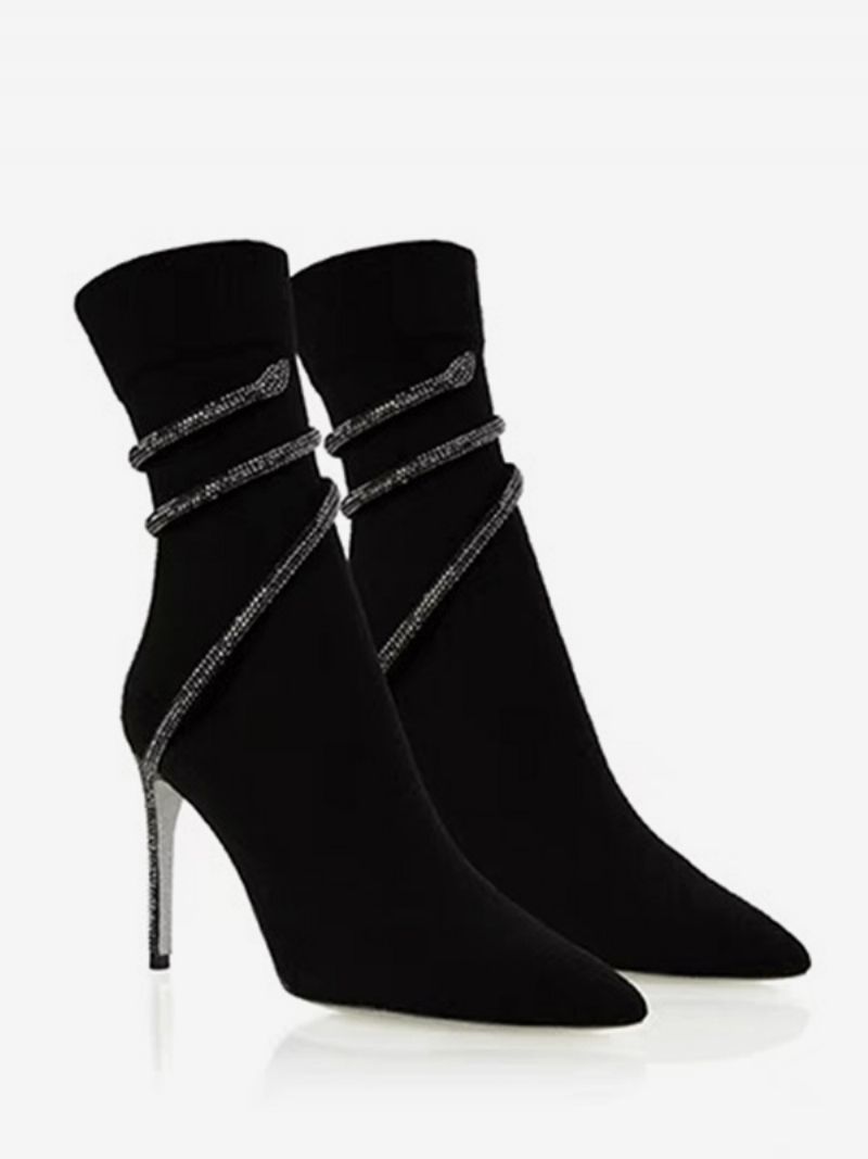 Kvinnor Ankelboots Svart Spetsad Tå Glitter Strappy Hög Klack Booties - Svart