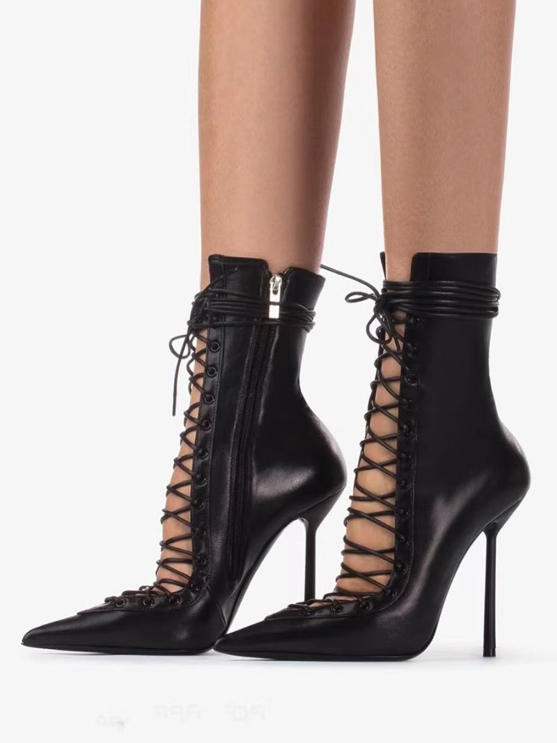 Kvinnor Ankelboots Svart Spetsig Tå Snörning Designade Zip Up Högklackade Sexiga Booties