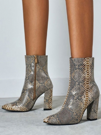 Kvinnor Ankelstövlar Python Spetsiga Tå Orm Print Chunky Heel Läder Booties