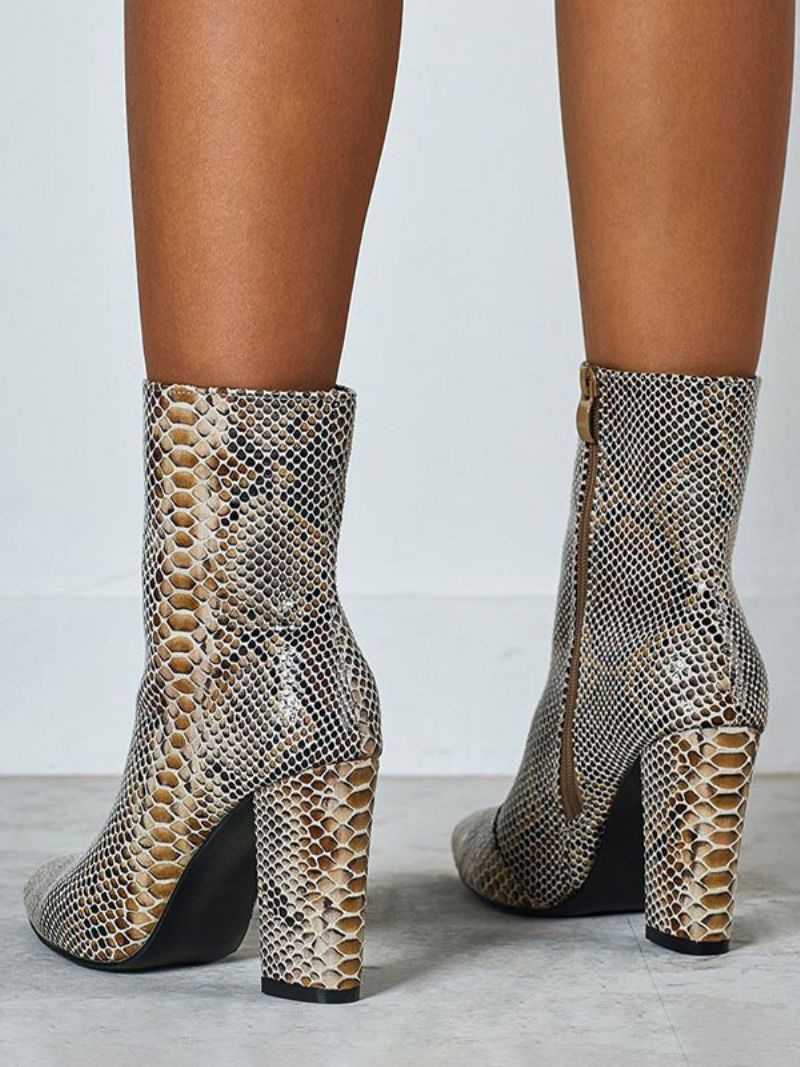 Kvinnor Ankelstövlar Python Spetsiga Tå Orm Print Chunky Heel Läder Booties - Pytonorm