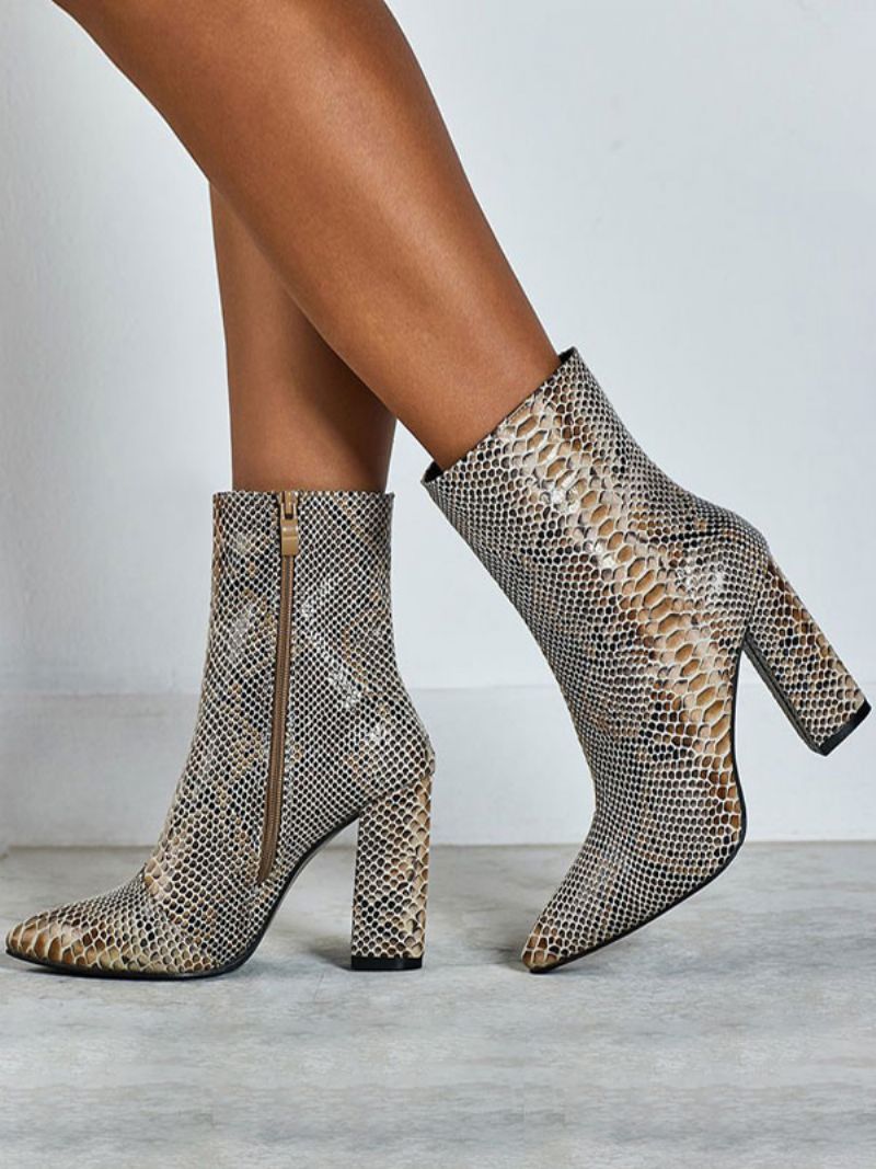 Kvinnor Ankelstövlar Python Spetsiga Tå Orm Print Chunky Heel Läder Booties - Pytonorm