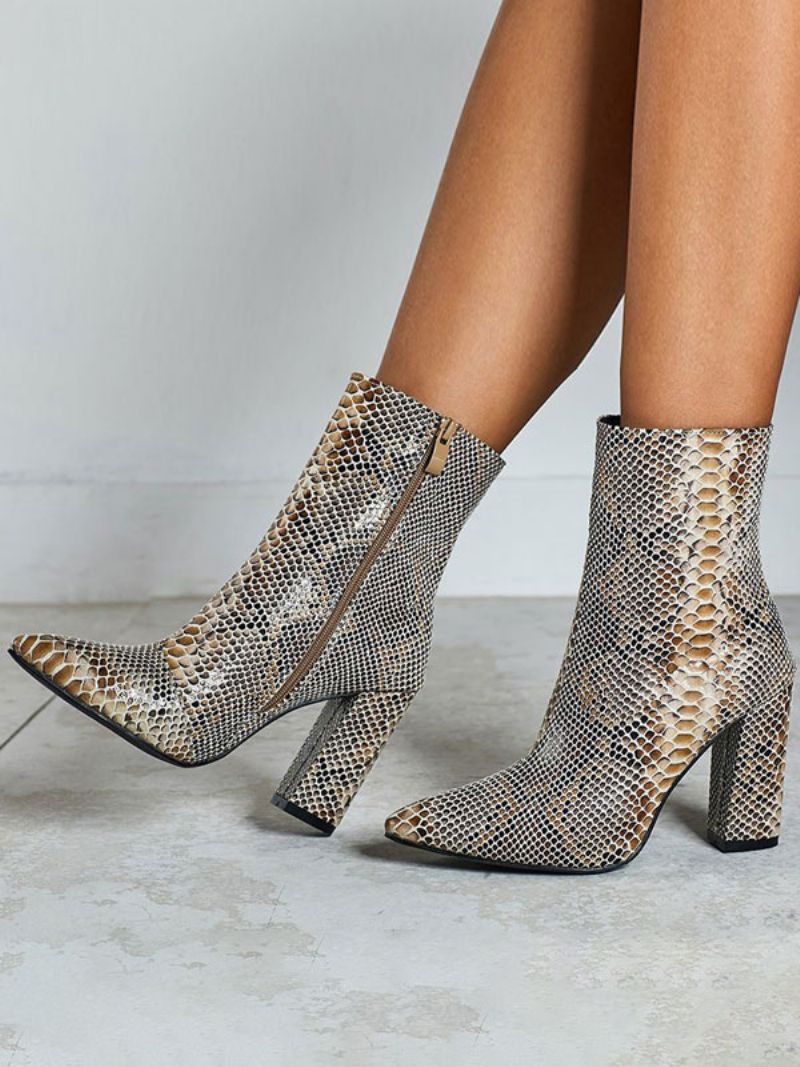 Kvinnor Ankelstövlar Python Spetsiga Tå Orm Print Chunky Heel Läder Booties - Pytonorm