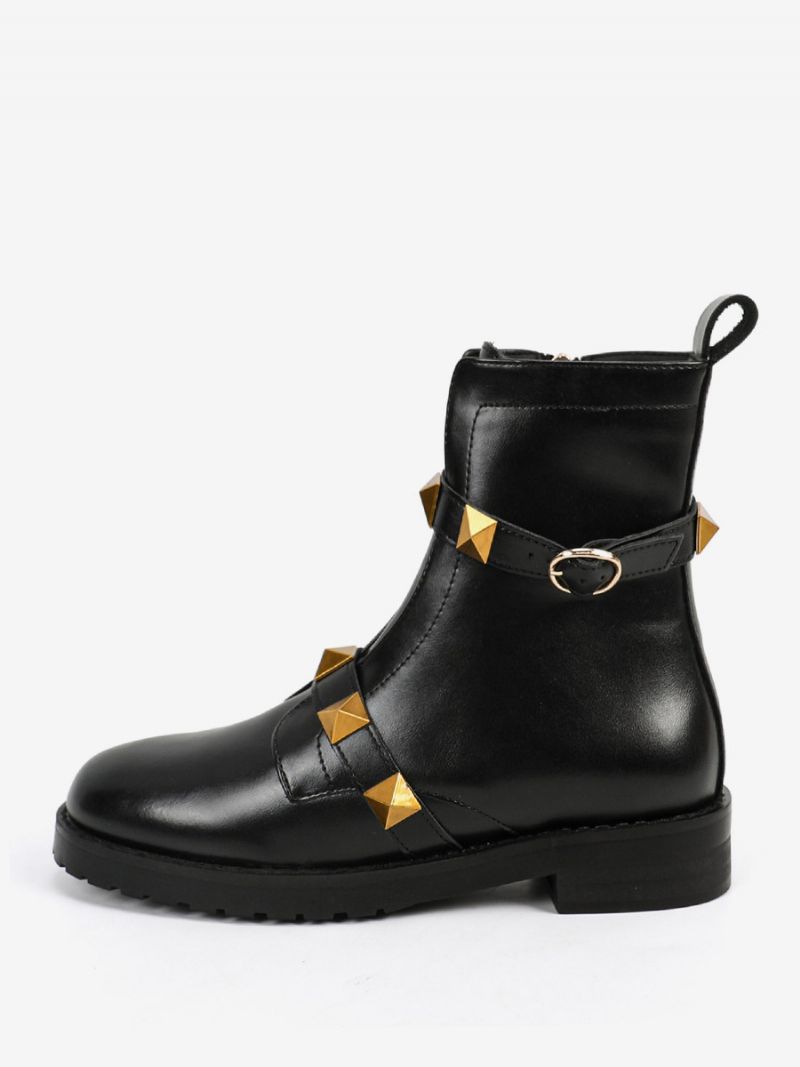 Kvinnor Stövletter Svart Guld Nitar Detalj Flat Booties