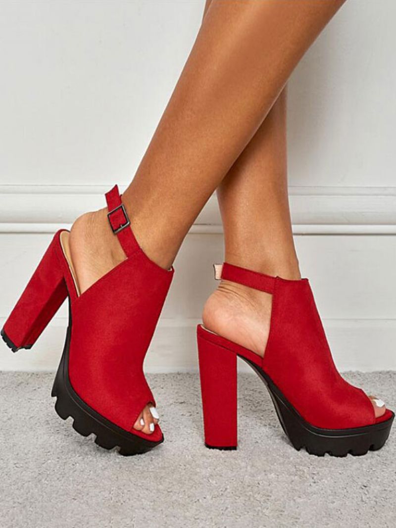 Kvinnor Summer Sandals Chunky Heel Suede Leather Red Slingback Ankelboots