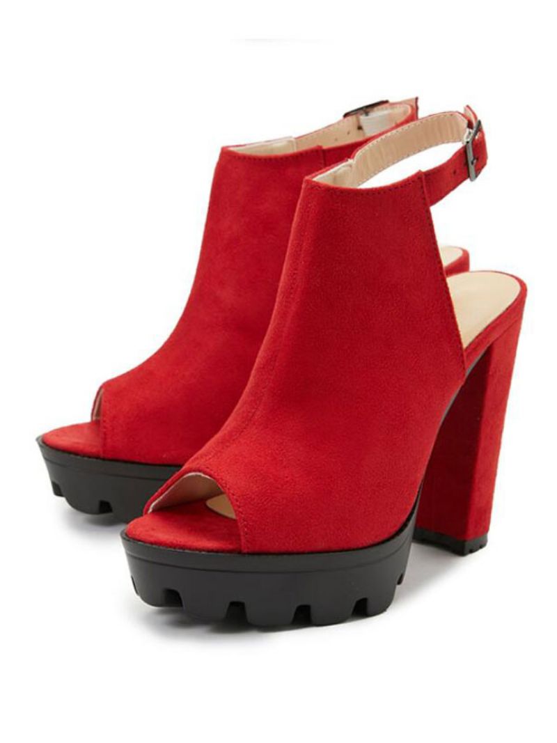 Kvinnor Summer Sandals Chunky Heel Suede Leather Red Slingback Ankelboots - Röd