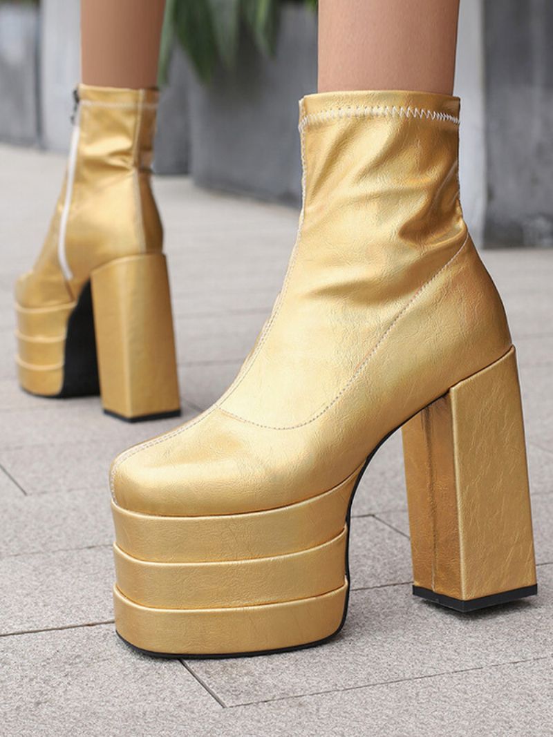 Kvinnors Ankelstövlar I Plattform Rund Tå Chunky Heel Club Booties - Guld