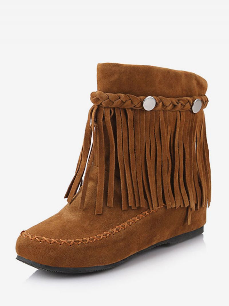 Kvinnors Bohemian Booties Fringe Rund Toe Platta Cowgirl Korta Stövlar