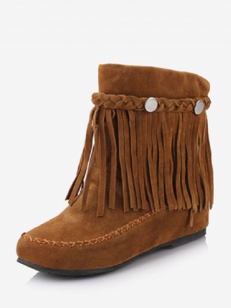 Kvinnors Bohemian Booties Fringe Rund Toe Platta Cowgirl Korta Stövlar