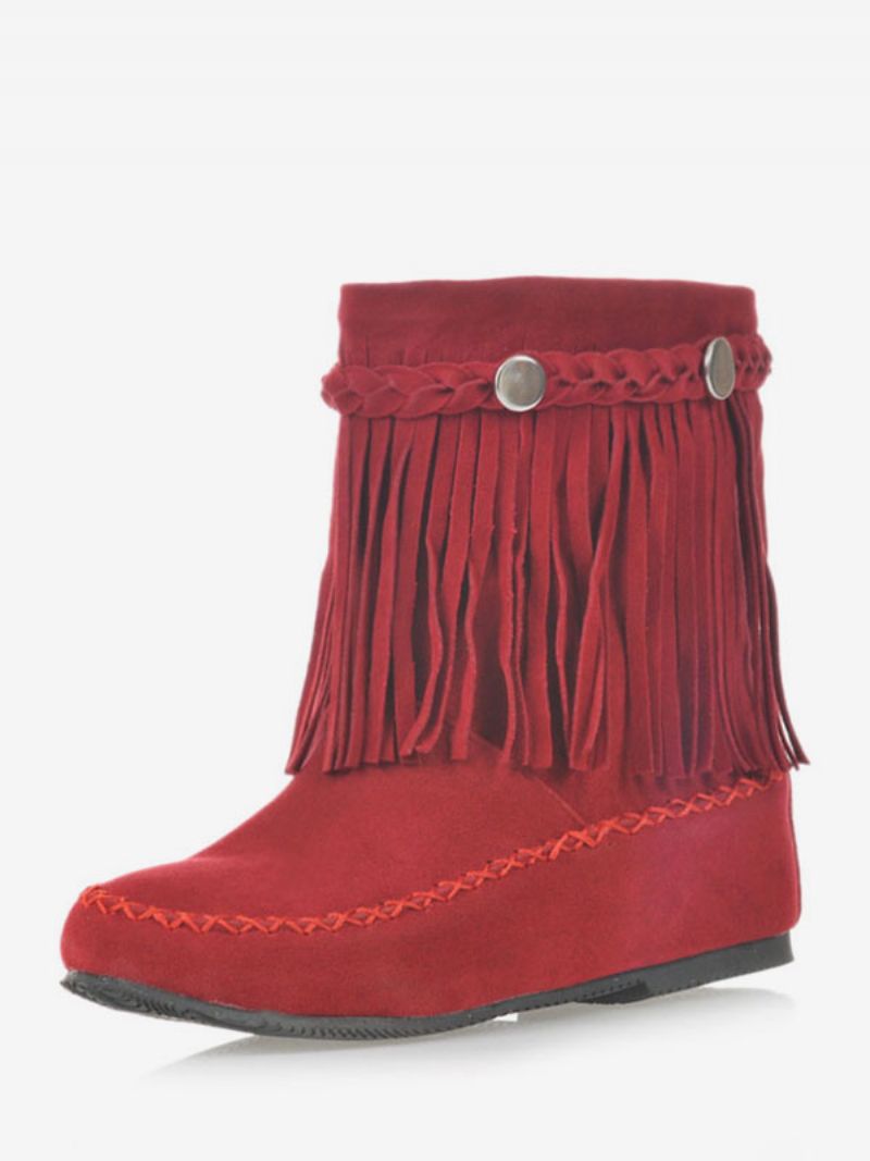 Kvinnors Bohemian Booties Fringe Rund Toe Platta Cowgirl Korta Stövlar - Röd