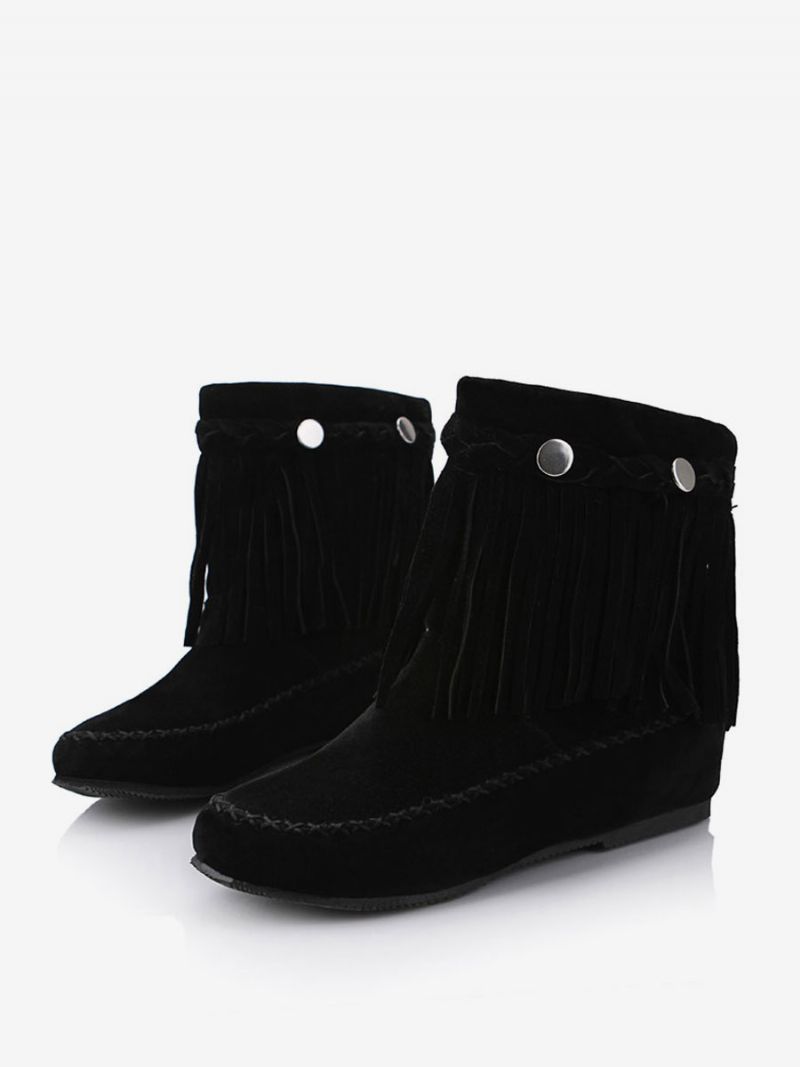 Kvinnors Bohemian Booties Fringe Rund Toe Platta Cowgirl Korta Stövlar - Svart