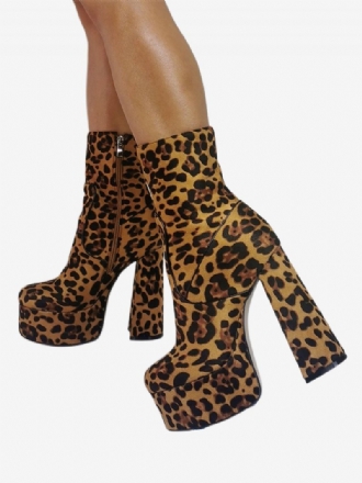 Kvinnors Högklackade Ankelstövlar Mocka Rund Tå Plattform Leopard Print Booties