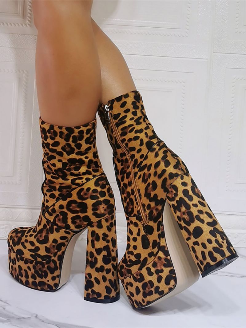 Kvinnors Högklackade Ankelstövlar Mocka Rund Tå Plattform Leopard Print Booties - Leopard