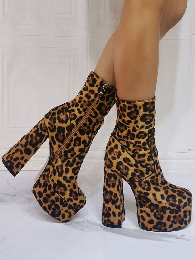 Kvinnors Högklackade Ankelstövlar Mocka Rund Tå Plattform Leopard Print Booties - Leopard