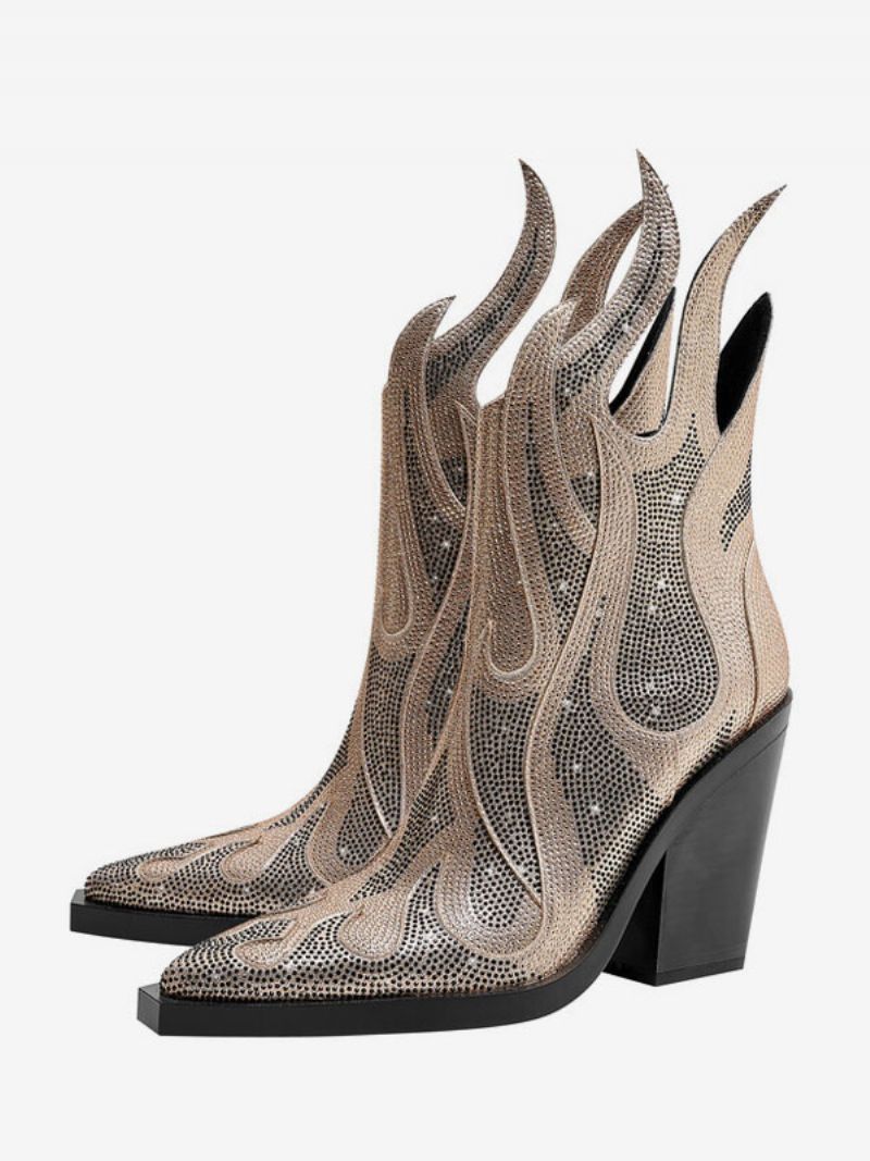 Kvinnors Silver Västernstövlar Spetsiga Tå Designade Blockklack Sparkly Cowboy Stövlar - Guld