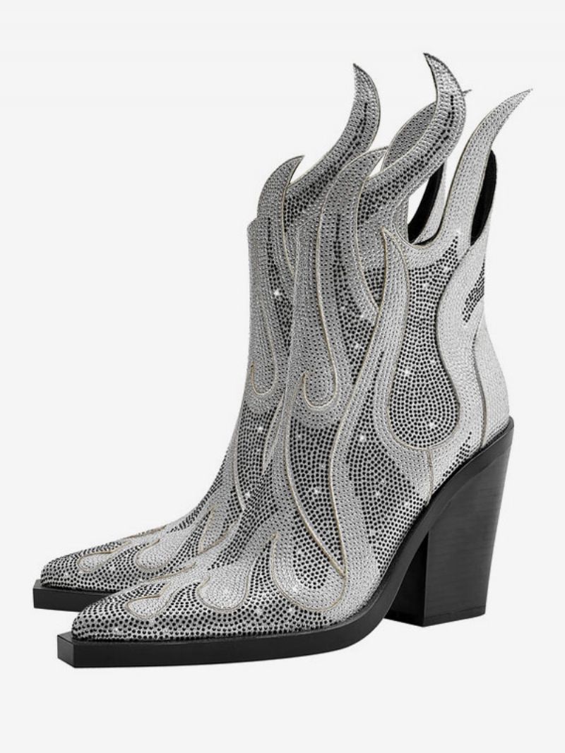 Kvinnors Silver Västernstövlar Spetsiga Tå Designade Blockklack Sparkly Cowboy Stövlar - Silver