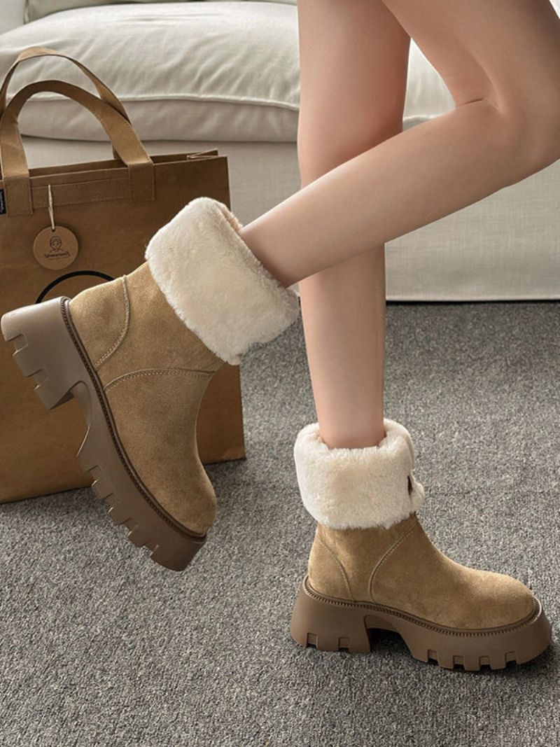 Kvinnors Svart Mocka Vinterstövlar Rund Tå Kort Plysch Dedeil Chunky Heel Ankelboots - Khaki