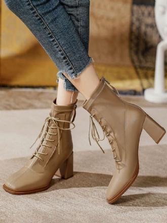 Kvinnors Vintage Ankelstövlar Suqare Toe Lace Up Chunky Heel Booties