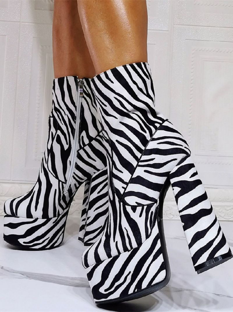 Kvinnors Zebra Platform Chunky Heel Ankelboots