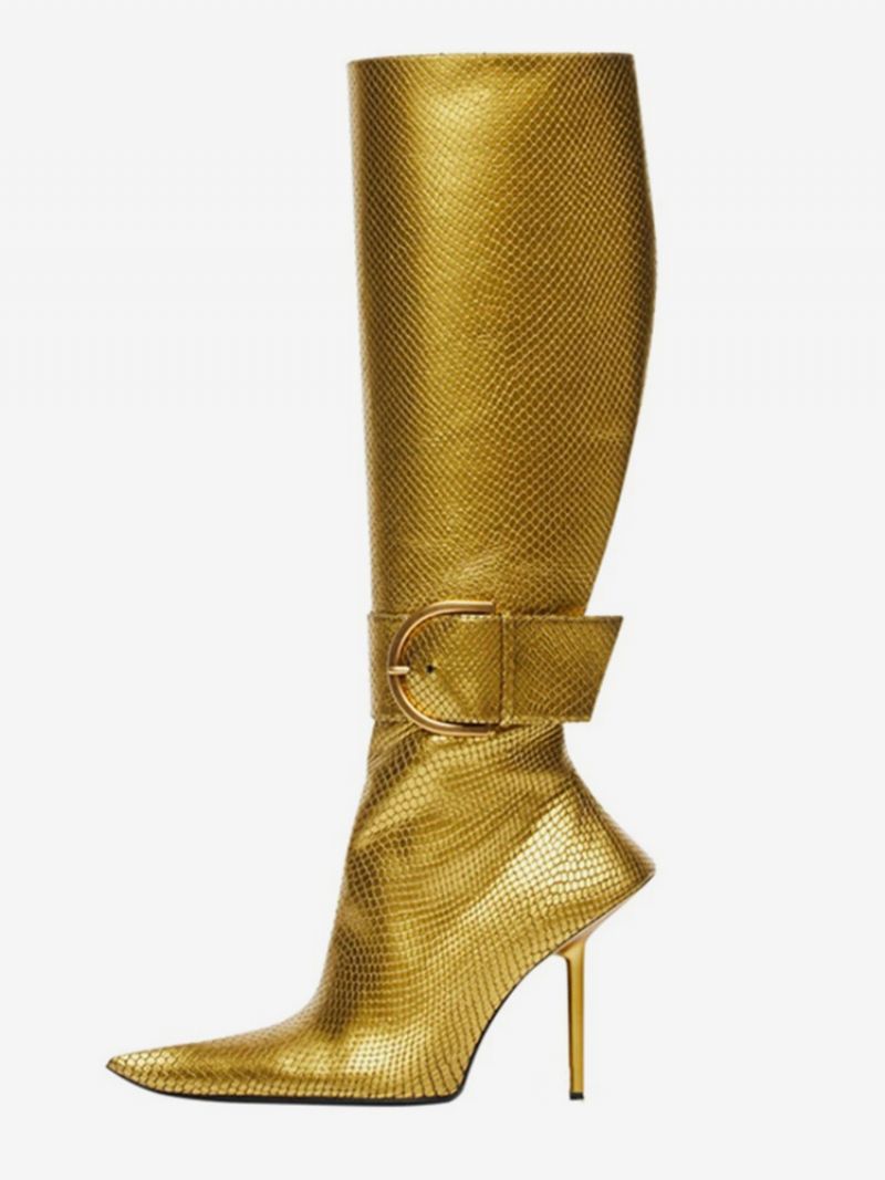 Metallic Stövlar Med Mitten Av Vaden Kvinnor Lila Spänne Spetsad Tå Stiletto Klackstövlar - Guld