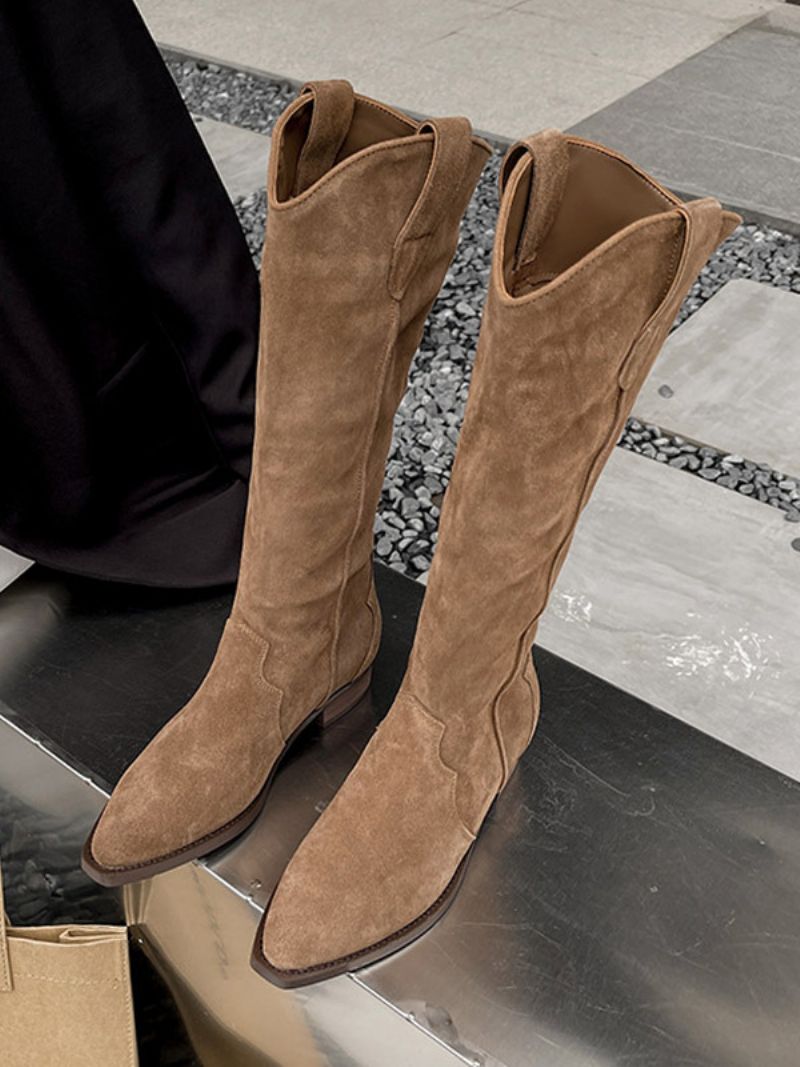 Micro Mocka Övre Spetsiga Tå Chunky Heel Stövlar Mitten Av Kalven För Kvinnor - Khaki