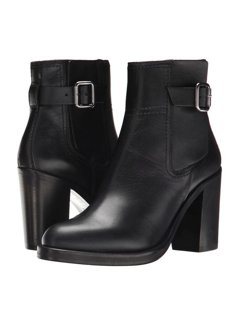 Svarta Ankelstövlar Dam Runda Tåspänne Chunky Heel Booties - Svart