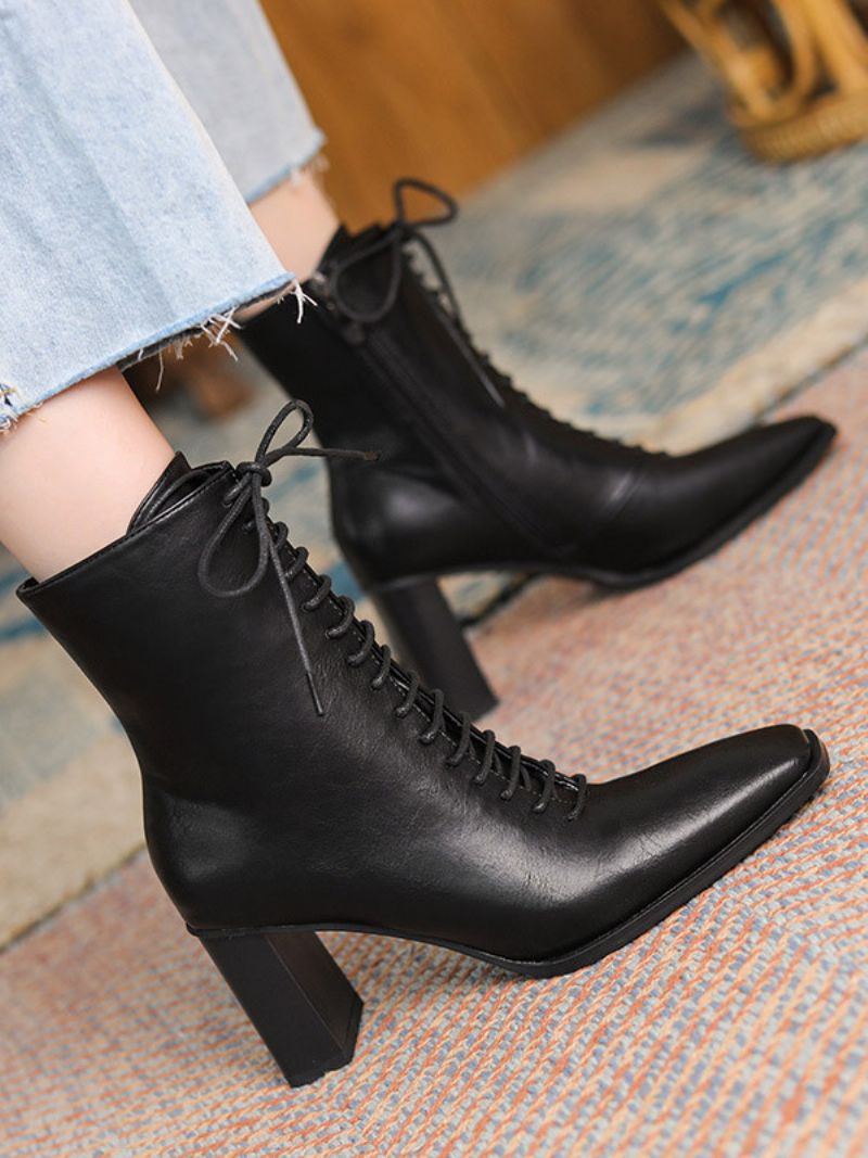 Svarta Ankelstövlar Kvinnor Square Toe Lace Up Booties - Svart