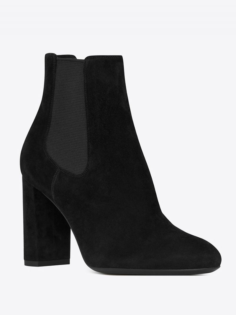 Svarta Chelsea-stövlar Kvinnor Med Spetsiga Tå Chunky Heel Booties - Svart