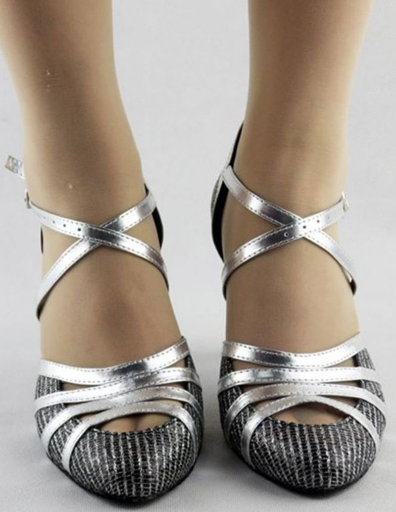 Ballroom Dansskor Latin Dam Criss Cross Almond Toe Med Hög Klack - Silver