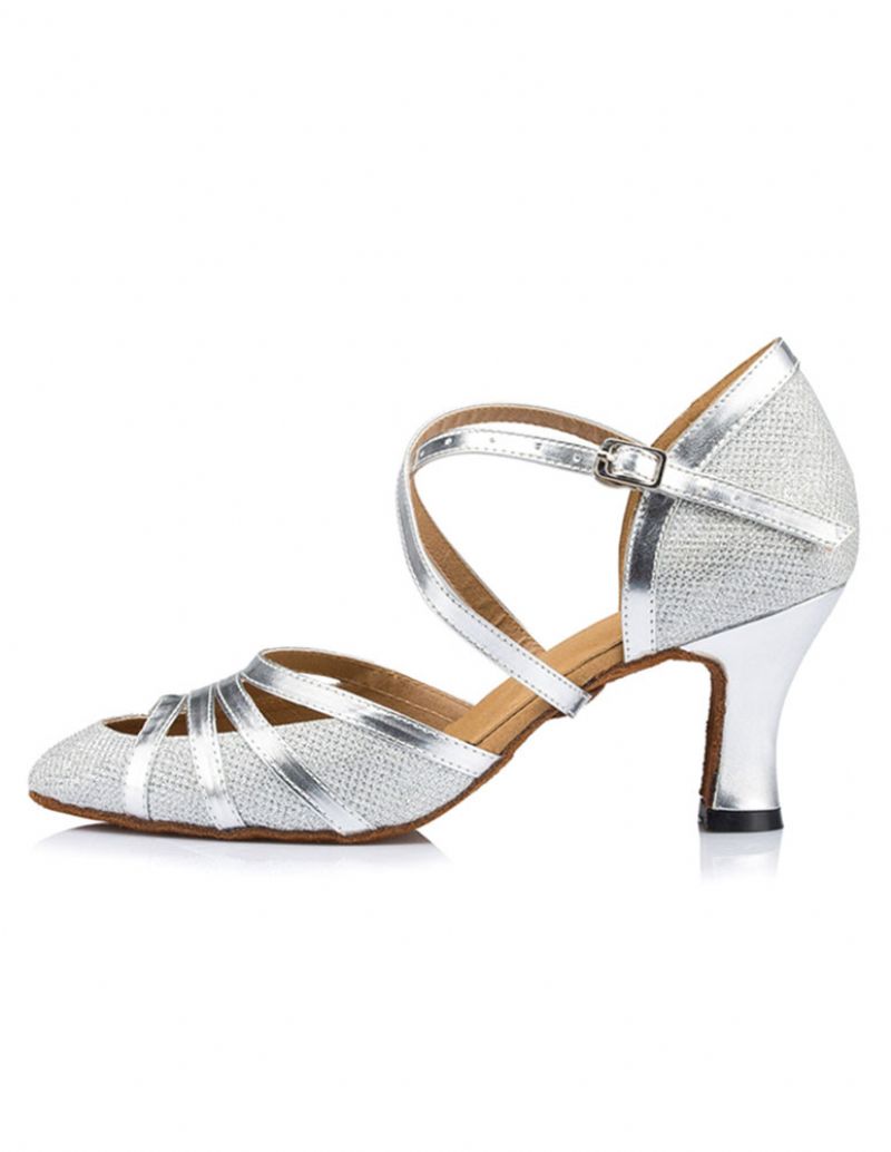 Champagne Dansskor Dam Peep Criss Cross Högklackade Ballroom Skor Latin - Silver