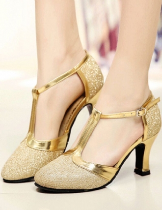 Dam Guld Ballroom Skor Glitter Rund Toe T Typ Vintage Salsa Dansskor