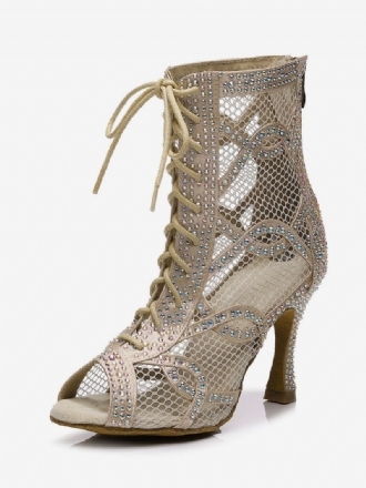 Dam Rhinestones Nets Lace Up Dance Booties