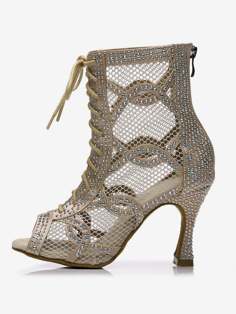 Dam Rhinestones Nets Lace Up Dance Booties - Rosa