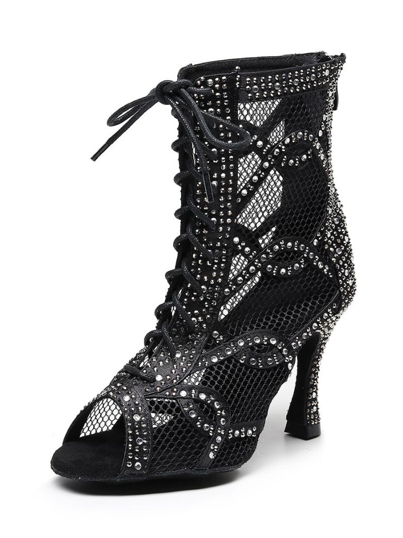 Dam Rhinestones Nets Lace Up Dance Booties - Svart