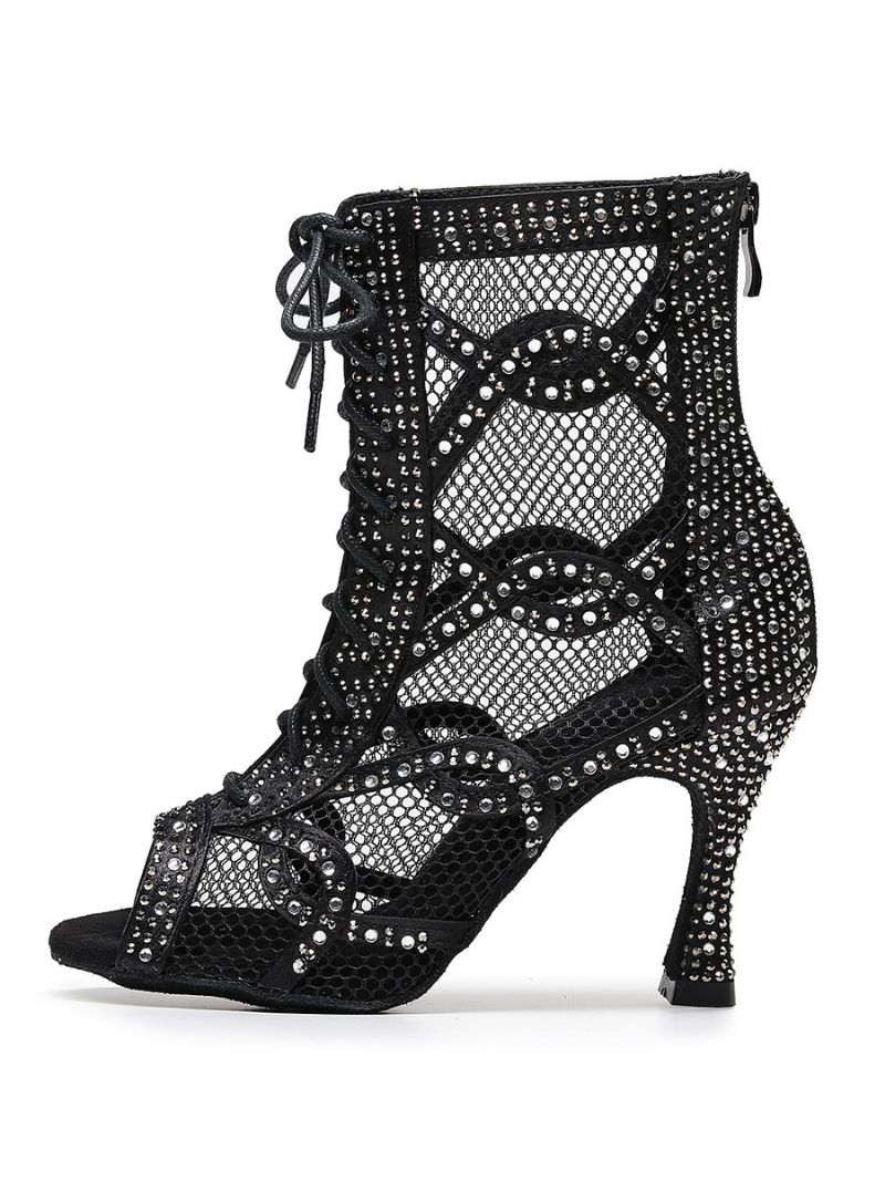 Dam Rhinestones Nets Lace Up Dance Booties - Svart