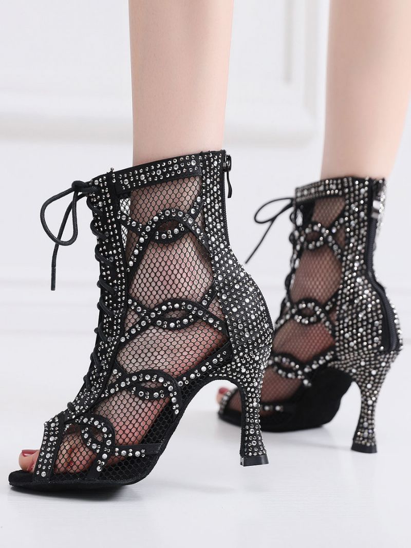 Dam Rhinestones Nets Lace Up Dance Booties - Svart