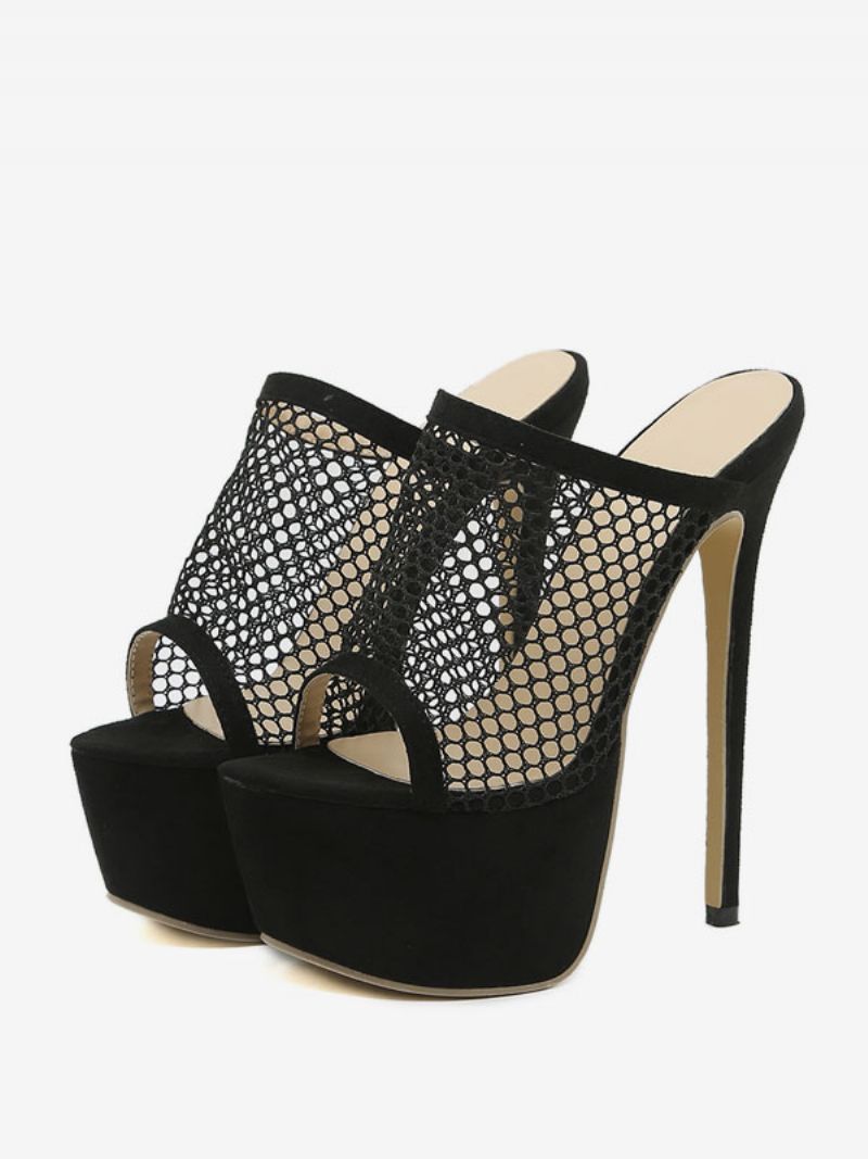 Damsvarta Sexiga Högklackade Nätplattform Peep Toe Stiletto Sky High Sandal Tofflor - Svart