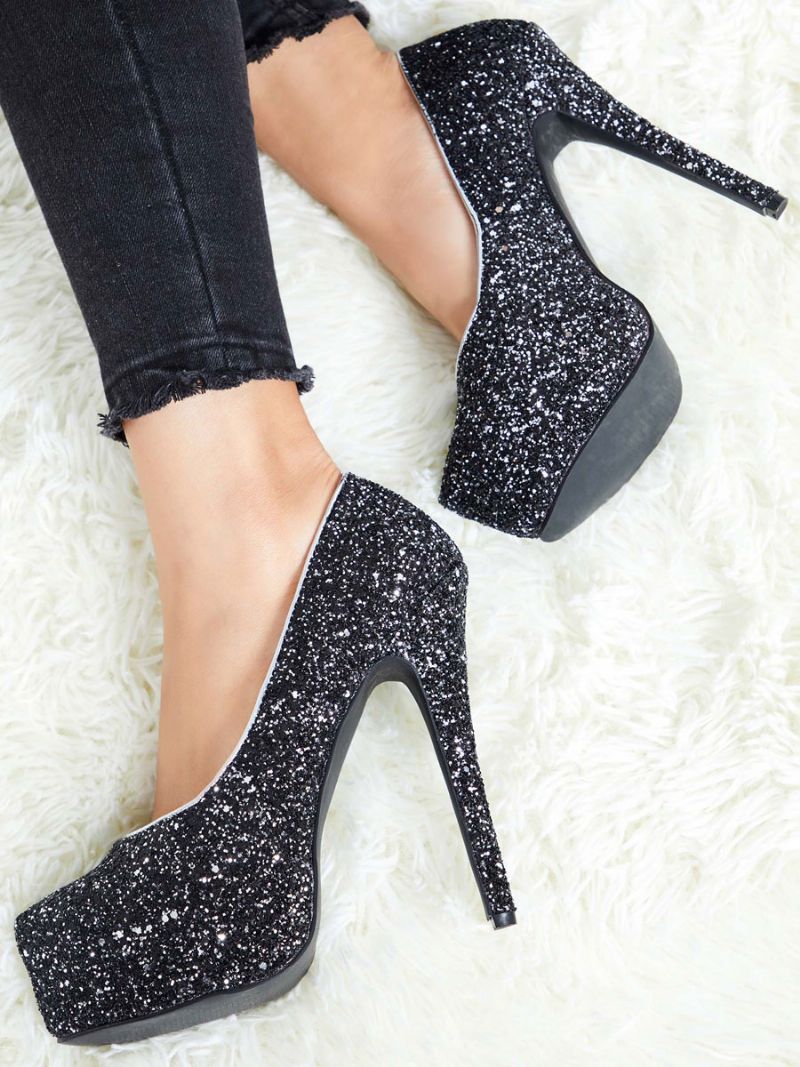 Kvinnors Sparkly Platform Pumps Black Balskor Högklackat Festskor