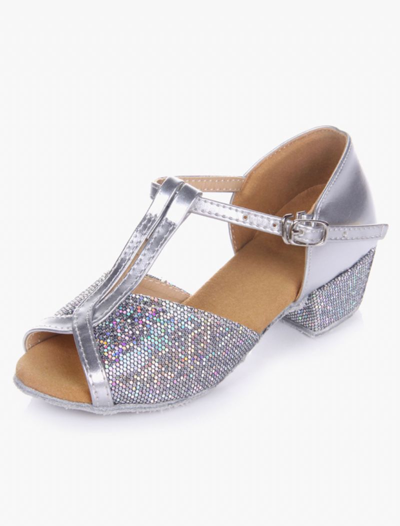 Latindansskor För Kvinnor Blond Peep Toe T-typ Dansskor Mjuk Sula Balsalskor Barn - Silver