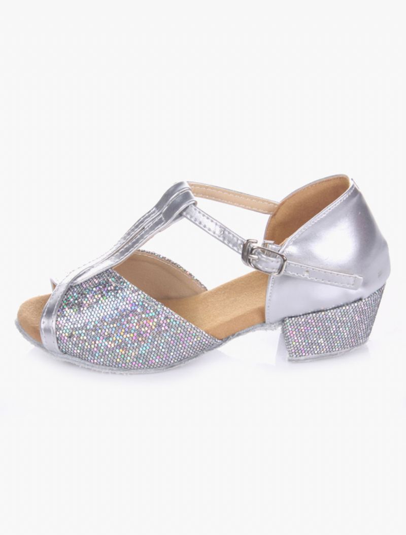 Latindansskor För Kvinnor Blond Peep Toe T-typ Dansskor Mjuk Sula Balsalskor Barn - Silver