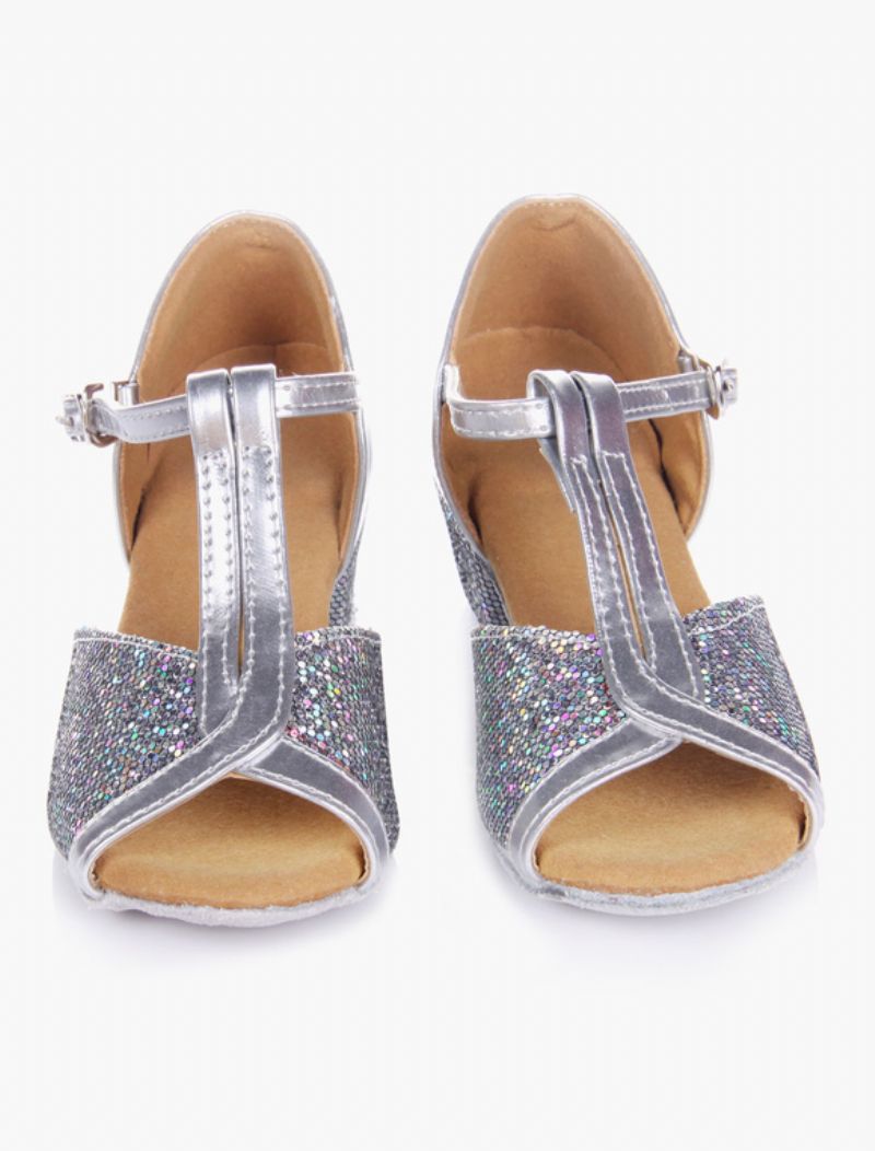 Latindansskor För Kvinnor Blond Peep Toe T-typ Dansskor Mjuk Sula Balsalskor Barn - Silver